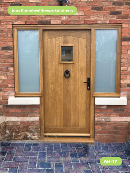 oak front door with angled head and side windows