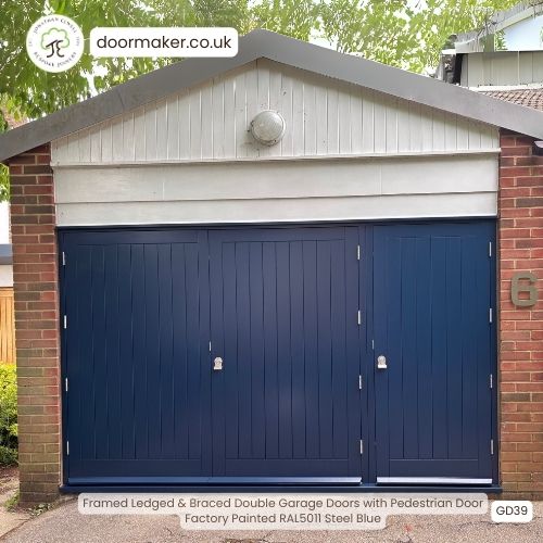 Wooden Double Garage Doors with Pedestrian Door RAL 5011 steel blue