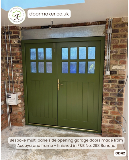 wooden garage doors side hung made from accoya finished in farrow and ball Bancha