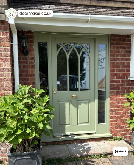 Gothic style door and sidelights with sidelights finished in Lichen